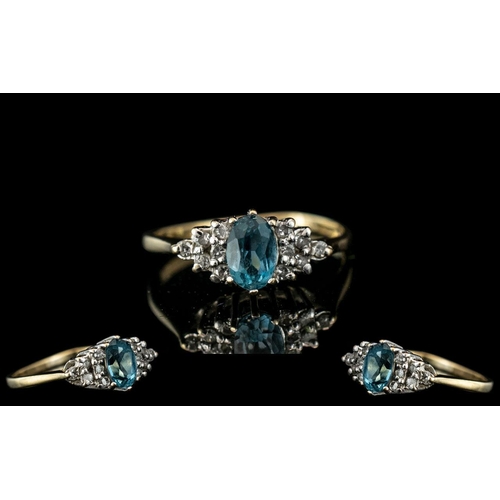 80A - 9ct Ladies Gold Attractive / Petite Diamond and Aquamarine Set Dress Ring. Full Hallmark to Interior... 