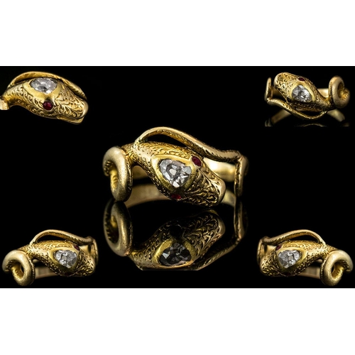 8A - Antique Period Superb Quality Realistic 22ct Gold Snake Ring - Set with Rubies and Diamonds, Not Mar... 