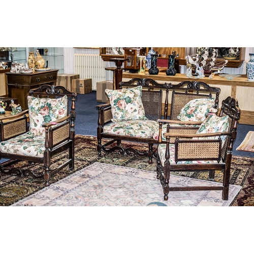 1020 - An Early 20th Century Oak Bergere Suite Carved Back Rail And Turn Supports With Drop In Seats And Cu... 