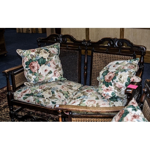 1020 - An Early 20th Century Oak Bergere Suite Carved Back Rail And Turn Supports With Drop In Seats And Cu... 