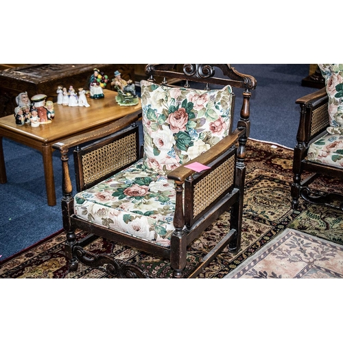 1020 - An Early 20th Century Oak Bergere Suite Carved Back Rail And Turn Supports With Drop In Seats And Cu... 