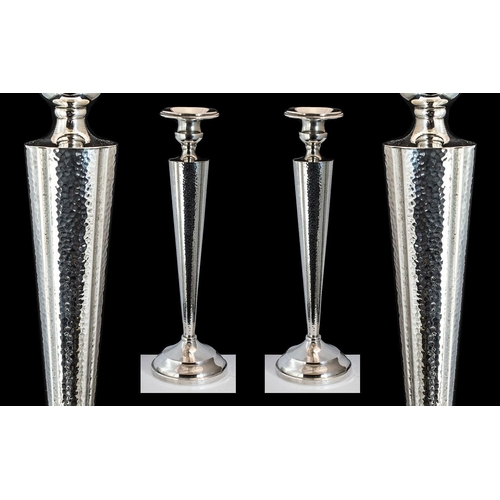 103A - Antique Period American Superb Pair of Sterling Silver Planished Candle Sticks, with tapered stems a... 