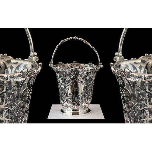 107A - Early Victorian Period 1837-1901 Superb Sterling Silver Openworked Decorative Swing Handle Basket, w... 