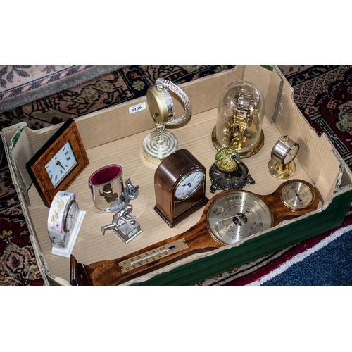 1105 - Box of Assorted Clocks and a Barometer, comprising a Weathermost wooden barometer 22'' long, a Frenc... 