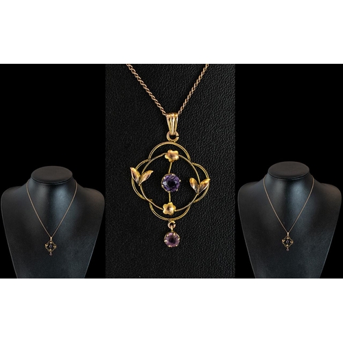 116 - Antique Period - Attractive 9ct Gold Open Worked Pendant Set with Amethysts, Marked 9ct. Attached to... 