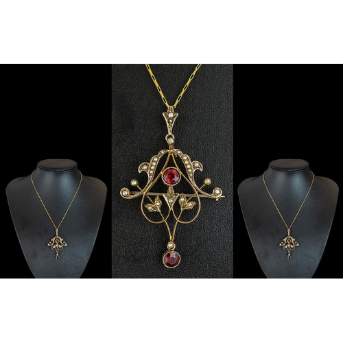 12 - Antique Period - Exquisite and Superb 9ct Gold Open Worked Pendant - Brooch. Set with Orange Garnets... 