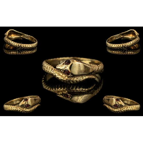 13 - Antique Period - Attractive / Realistic 9ct Gold Snake Ring, With Ruby Set Eyes. Full Hallmark to In... 