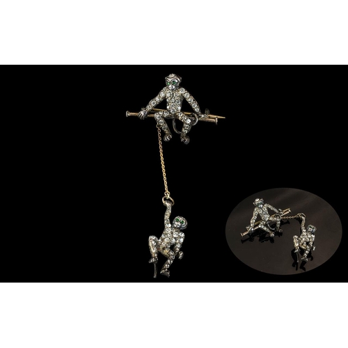 136 - A 19th Century Sterling Silver Novelty Stone Set, Monkeys On A Swing Brooch Marked 925. Height 3'' -... 