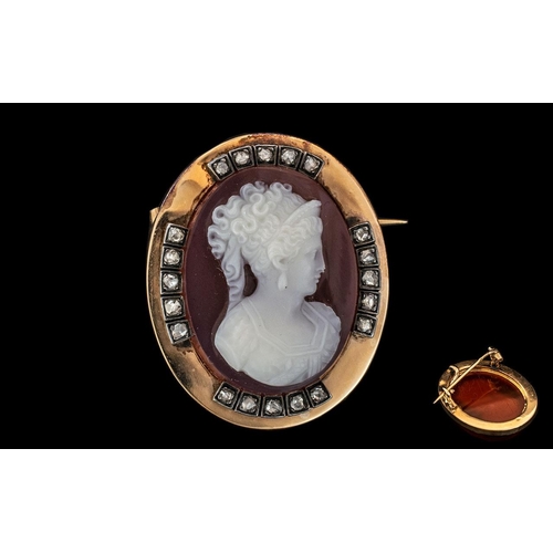 14 - A Mid Victorian Period Stunning & Impressive 15ct Gold Mounted & Carved Hard Stone Cameo, set with r... 