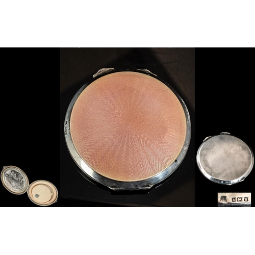 140 - Art Deco Period Pink Enamel and Sterling Silver Compact Case of Circular Form with Full Hallmark. We... 