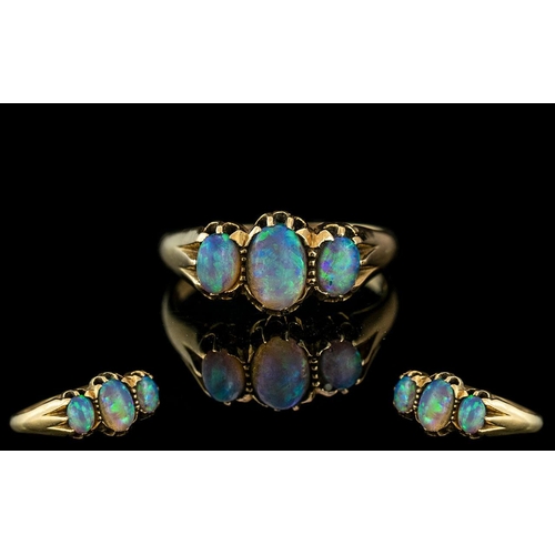 16 - Antique Period Attractive 18ct Gold 3 Stone Opal Set Ring.  Gallery setting, the opals of excellent ... 