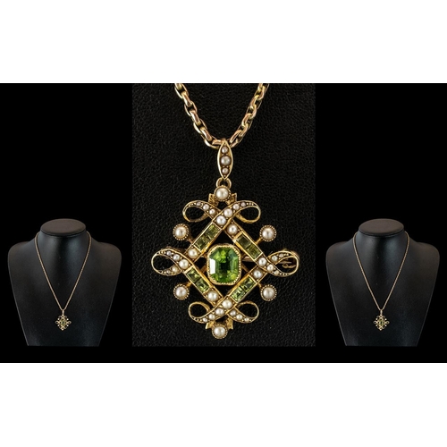 17 - Antique Period Superb Quality 15ct gold Peridot & Seed Pearl Set Openworked Pendant Brooch.  Marked ... 