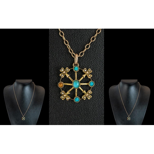 21 - Antique 9ct Gold Attractive & Pretty Turquoise & Seed Pearl Set Pendant, with attached 9ct gold chai... 