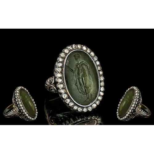 21A - An Antique Hard Stone Intaglio Depicting A Classical Figure Surrounded By Rose Cut Diamonds, White M... 