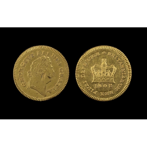 309 - George III 1760 - 1820 Gold Third Guinea - Date 1802. Weight 2.8 grams. Top Grade Coin. Spink No 374... 