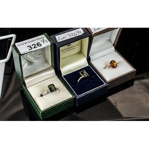 326 - Two 9ct White Gold Dress Rings & One 9ct Yellow Gold, set with green Tourmaline and Citrine coloured... 