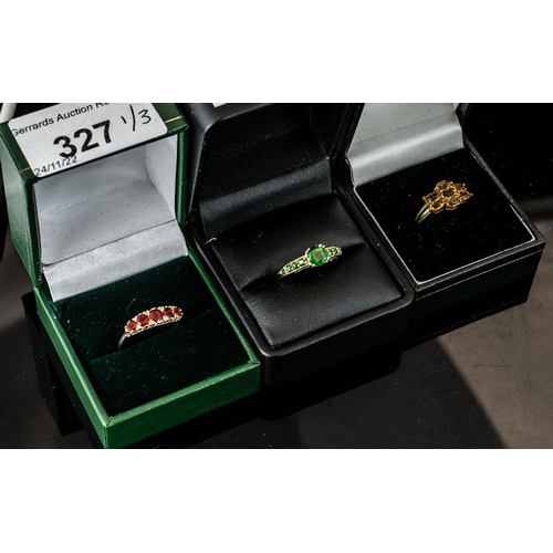 327 - Three 9ct Gold Dress Rings, set with Citrine, Garnet and green Tourmaline coloured stones.  Green st... 