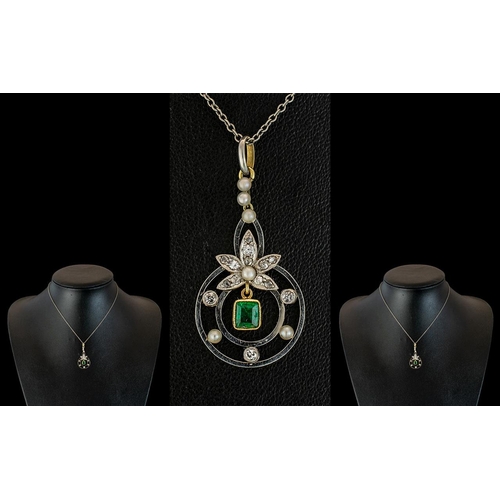 40A - Antique Period Attractive 18ct White Gold Pendant - Set With Diamonds, Seed Pearls & Emeralds. Attac... 