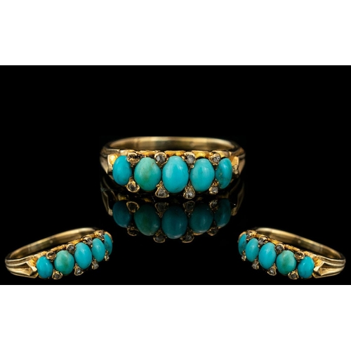 424 - 18ct Gold Antique Ring, set with five oval Turquoise between rose cut diamond spacers (one missing),... 