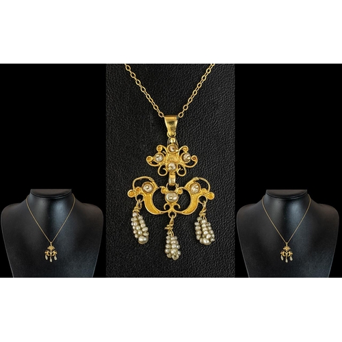 47 - Antique Period - Attractive and Exquisite 18ct Gold Pendant with Seed Pearl Set Tassels, Depicting B... 