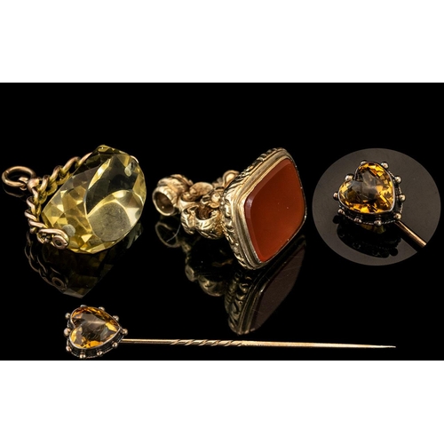 48 - Antique 9ct Gold Ornate Carnelian Set Seal/Fob, fully hallmarked for 9.375, plus a 9ct gold swivel r... 