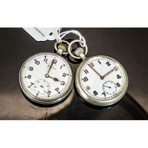 484 - Two Military Pocket Watches, Arabic numerals and subsidiary seconds, both with markings to back case... 