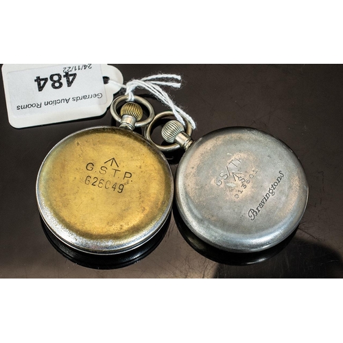 484 - Two Military Pocket Watches, Arabic numerals and subsidiary seconds, both with markings to back case... 