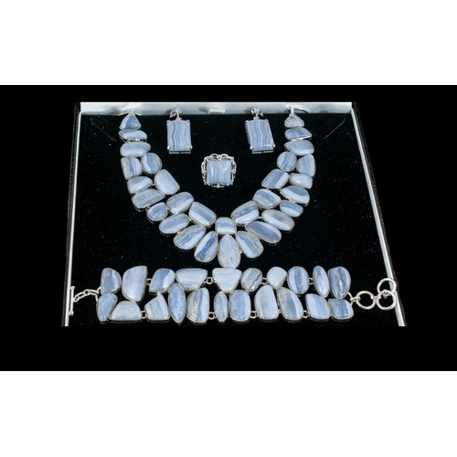 495 - A Stunning Parure of Delicate Blue Lace Agate Cabochon Cut Polished Stones Set In Sterling Silver - ... 