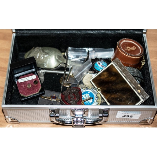 498 - Box of Collectible Items, including silver six pences, Crowns, Army pin badge, various sporting meda... 