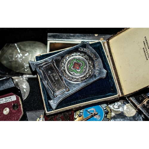 498 - Box of Collectible Items, including silver six pences, Crowns, Army pin badge, various sporting meda... 