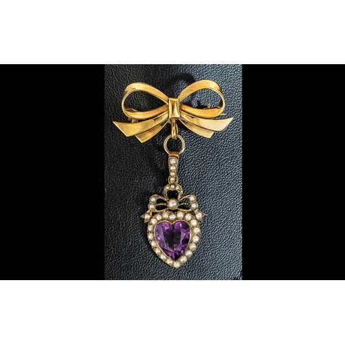 4A - Antique Period Superb Ladies 9ct Gold Brooch, in the form of a bow, with heart shaped amethyst and s... 
