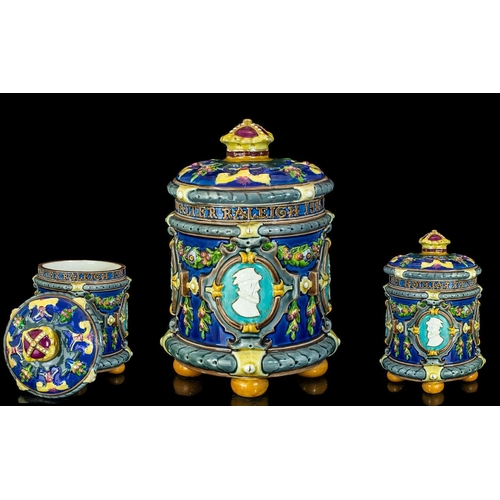 501 - Minton - Majolica Sir Walter Raleigh 1585 Lidded Tobacco Jar. Wonderful Colours. c.Late 19th Century... 