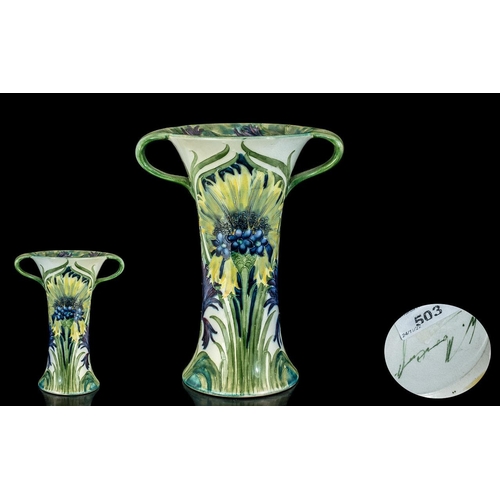 503 - William Moorcroft Signed Twin Handled Blue Cornflower Design Vase. c.1900 - 1902. Signed William Moo... 