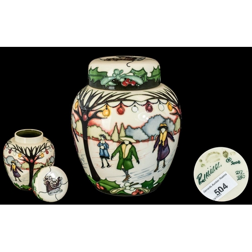 504 - Moorcroft Tube lined Ltd and Numbered Edition Modern Lidded Ginger Jar ' Skaters ' Pattern. Issued 2... 