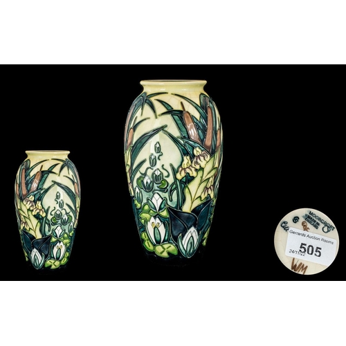 505 - Moorcroft - Modern Tube lined Vase ' Lamia ' Bulrushes and Water Lilies Design on Pale Yellow Ground... 