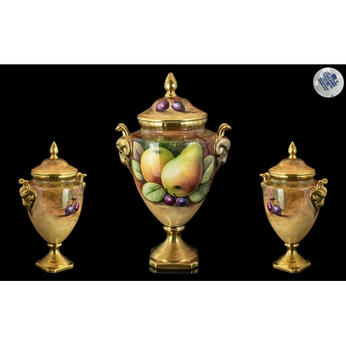 515 - Coalport Hand Painted Porcelain Fruits Twin Handled Lidded Vase ' Apples and Pears ' Stillife. Signe... 