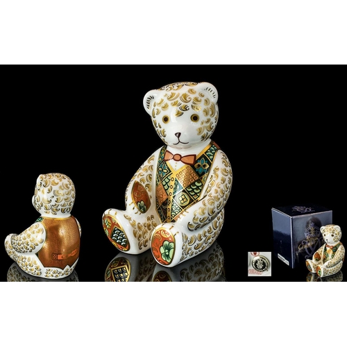 518 - Royal Crown Derby Signed Limited Edition Porcelain Paperweight Regal Goldie Teddy Bear, silver stopp... 