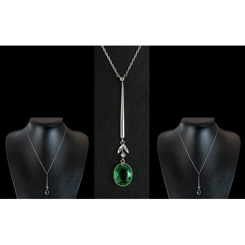 52 - Ladies Attractive & Contemporary 9ct White Gold Faceted Green Stone & Diamond Set Pendant Drop, with... 