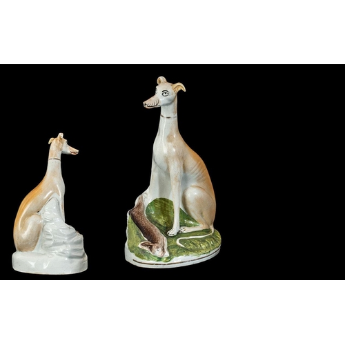 523 - Staffordshire 19th Century Pearl-Ware Figure of a Whippet with Hare In a Seated Position - Please Se... 