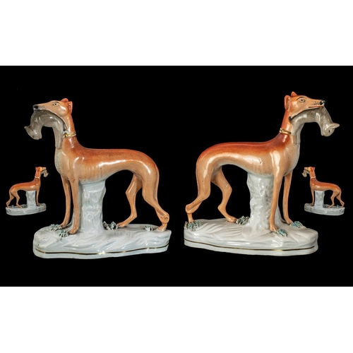 524 - Staffordshire 19th Century Pair of Hand Painted Pottery Figures Depicting a Pair of Whippets, With R... 