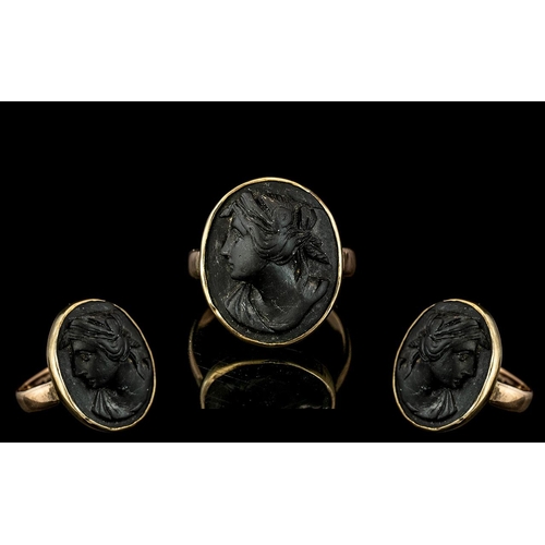 53 - Antique Period 9ct Gold Black Basalt Bust Cameo Ring of Oval Form. Marked 9ct. Ring Size M. Weight 5... 