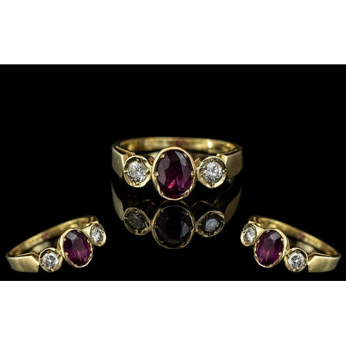 55 - 18ct Gold Attractive 3 Stone Ruby and Diamond Set Dress Ring. Marked 750 - 18ct to Interior of Shank... 