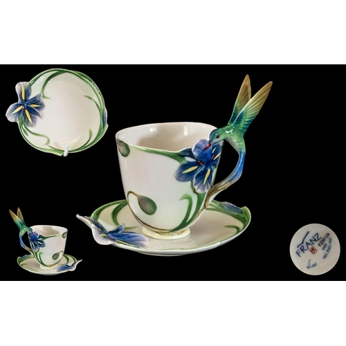 550 - Franz - Hand Painted Porcelain Exotic Bird Cup and Saucer. Exotic Birds / Flowers Design. Ref No F20... 