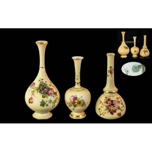 552 - Royal Worcester - Trio of Hand Painted Blush Ivory Specimen Vases. All Decorated with Painted Images... 