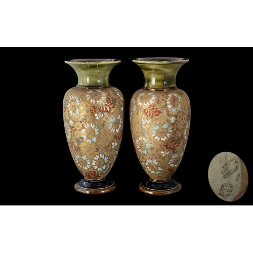 564 - Royal Doulton Lambeth Fine Pair of Large Chine Ware Vases. Designer Emily Partington. c.1895. Height... 