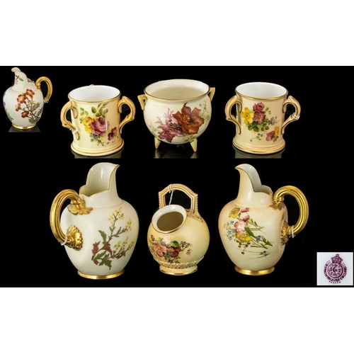 571 - Royal Worcester Collection of Hand Painted Blush Ivory Ceramic Jugs, Three Handled Cups etc ( 6 ) Pi... 