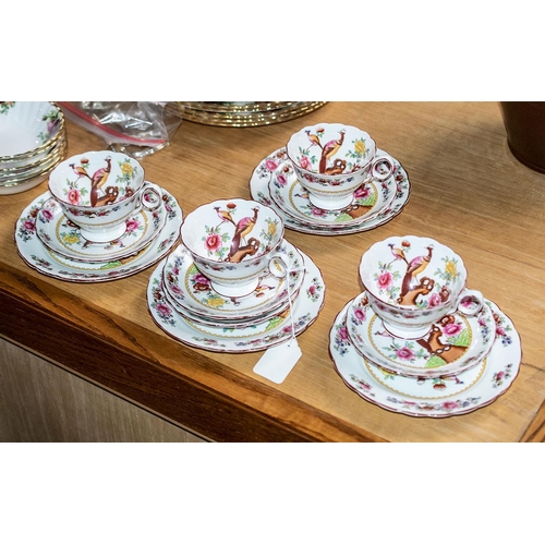 572 - Chelsea Porcelain 'Birds' Trios, comprising four cups, saucers and side plates, in white ground with... 