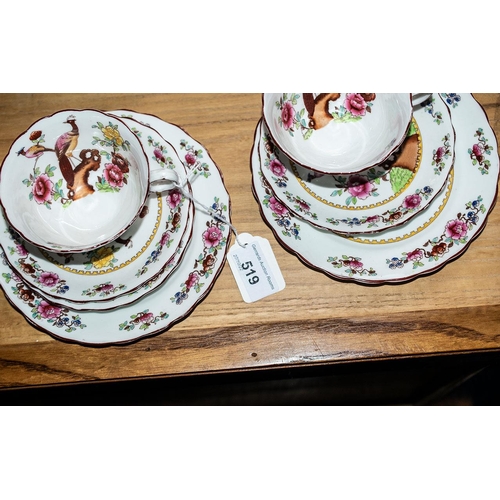 572 - Chelsea Porcelain 'Birds' Trios, comprising four cups, saucers and side plates, in white ground with... 