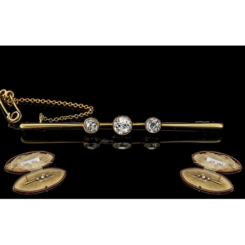 5A - Victorian Pleasing 18ct Gold Bar Brooch, set with old round cut diamonds, marked 18ct.  The three pa... 