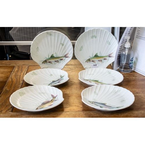 610 - Limoges - Set of Six Limoges Fish Plates, shell shaped,  measure 10'' diameter.  White base with dec... 